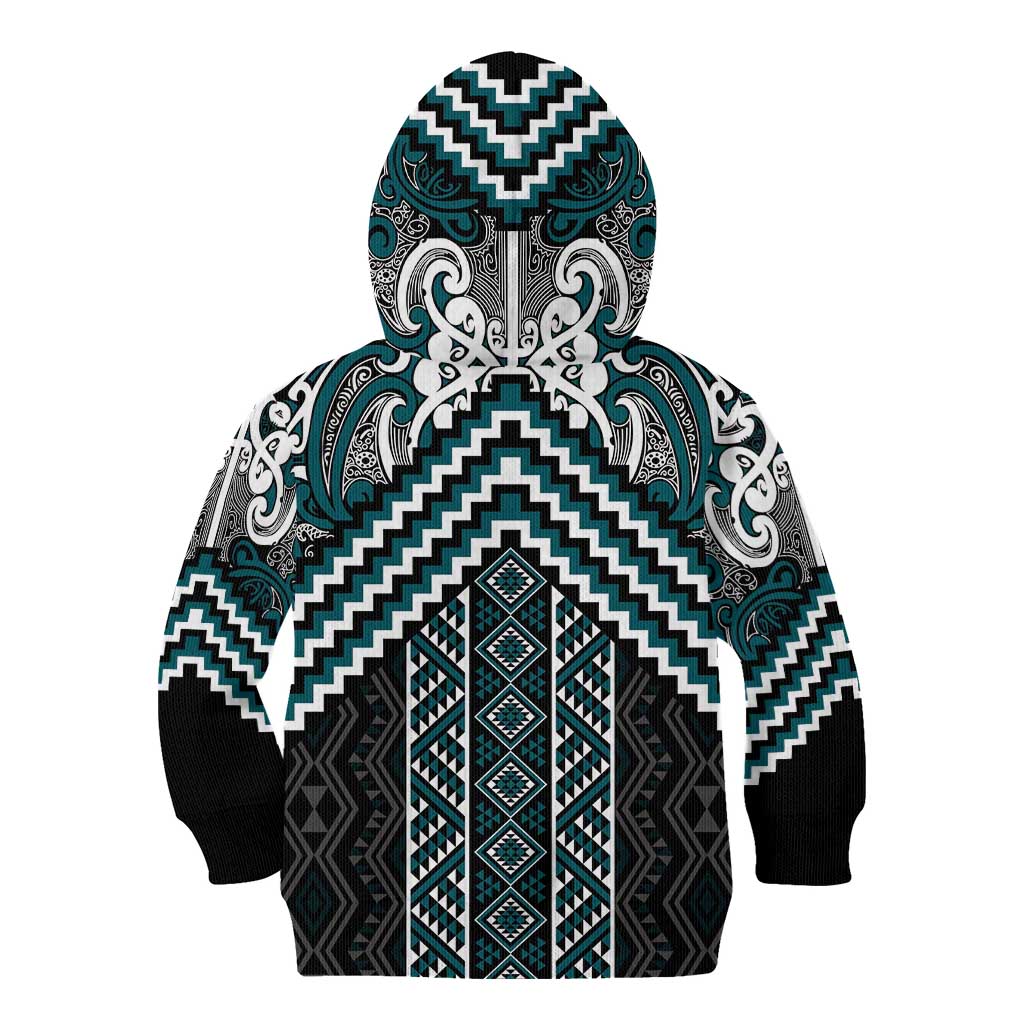 Maori Tukutuku Taniko Motifs Kid Hoodie Teal Poutama Mix Kowhaiwhai