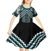 Maori Tukutuku Taniko Motifs Kid Short Sleeve Dress Teal Poutama Mix Kowhaiwhai