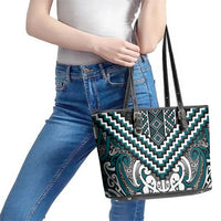 Maori Tukutuku Taniko Motifs Leather Tote Bag Teal Poutama Mix Kowhaiwhai