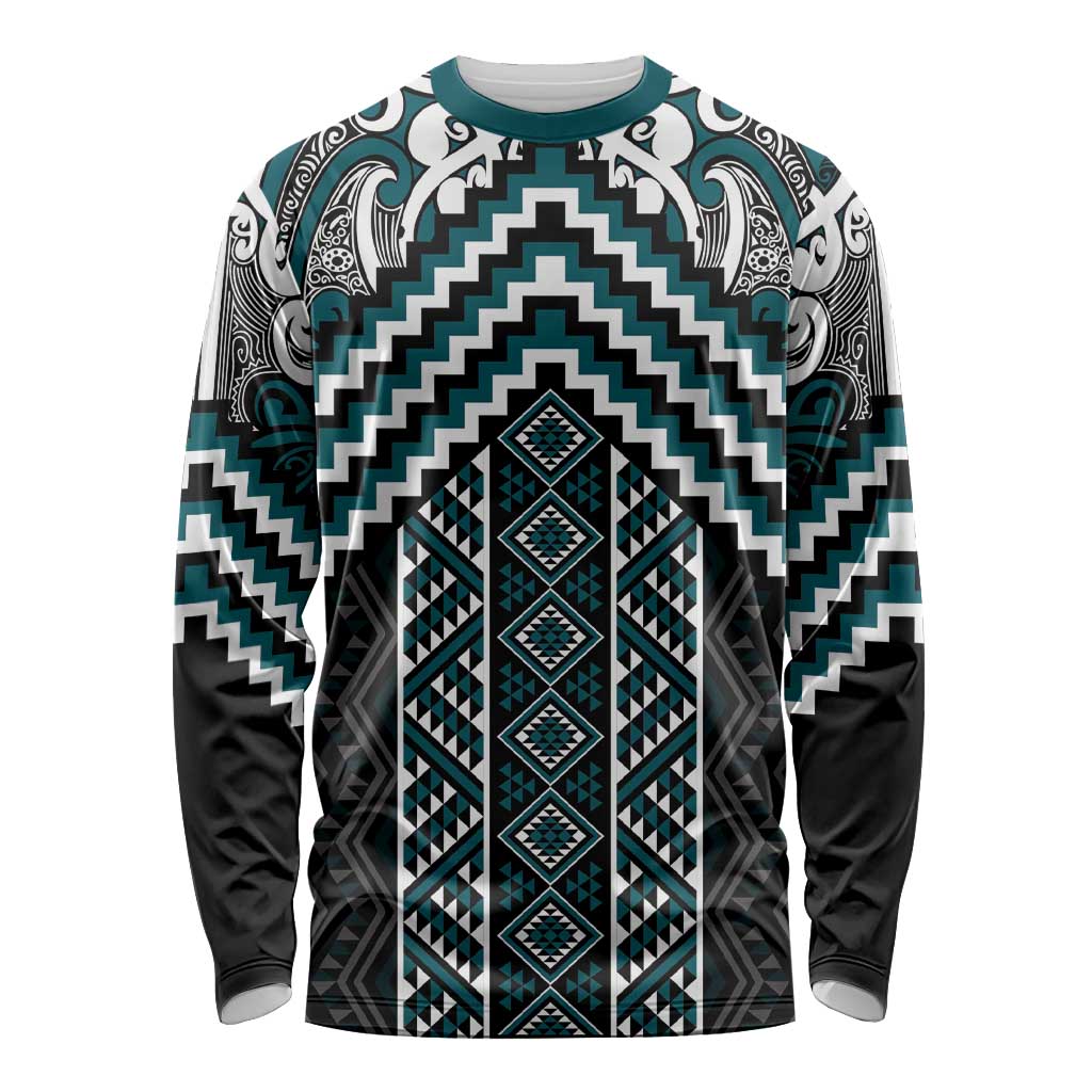 Maori Tukutuku Taniko Motifs Long Sleeve Shirt Teal Poutama Mix Kowhaiwhai