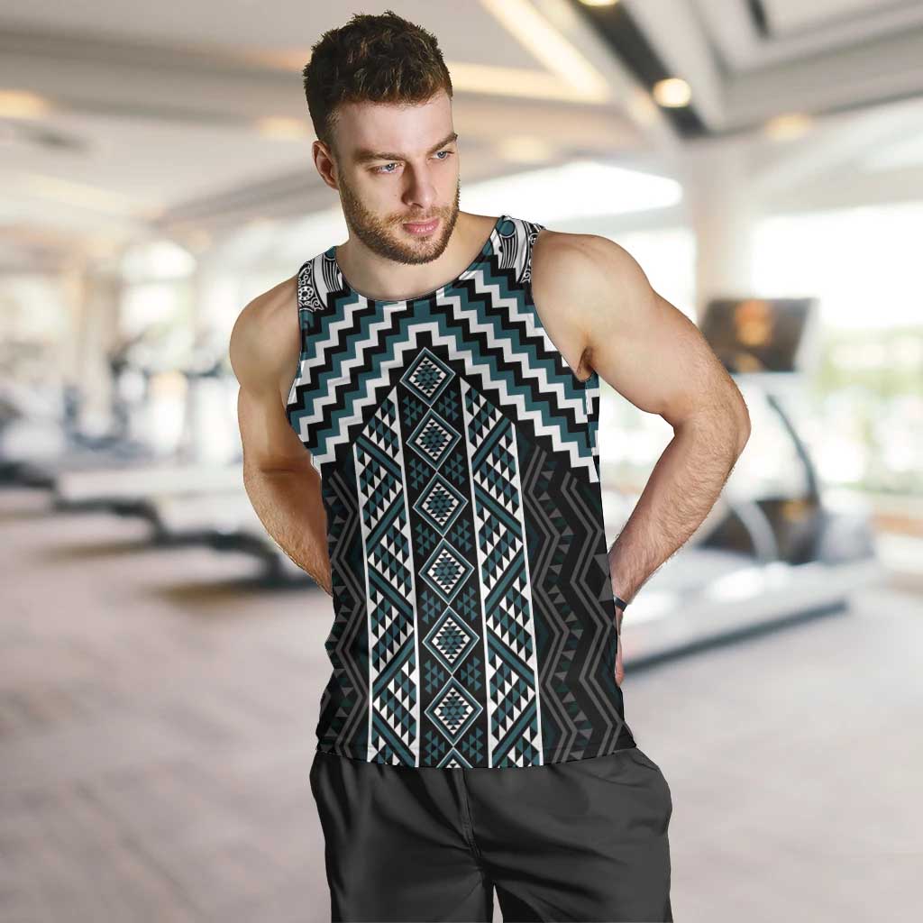 Maori Tukutuku Taniko Motifs Men Tank Top Teal Poutama Mix Kowhaiwhai