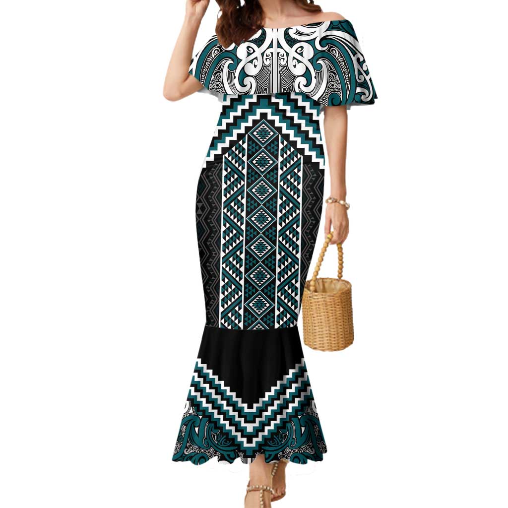 Maori Tukutuku Taniko Motifs Mermaid Dress Teal Poutama Mix Kowhaiwhai