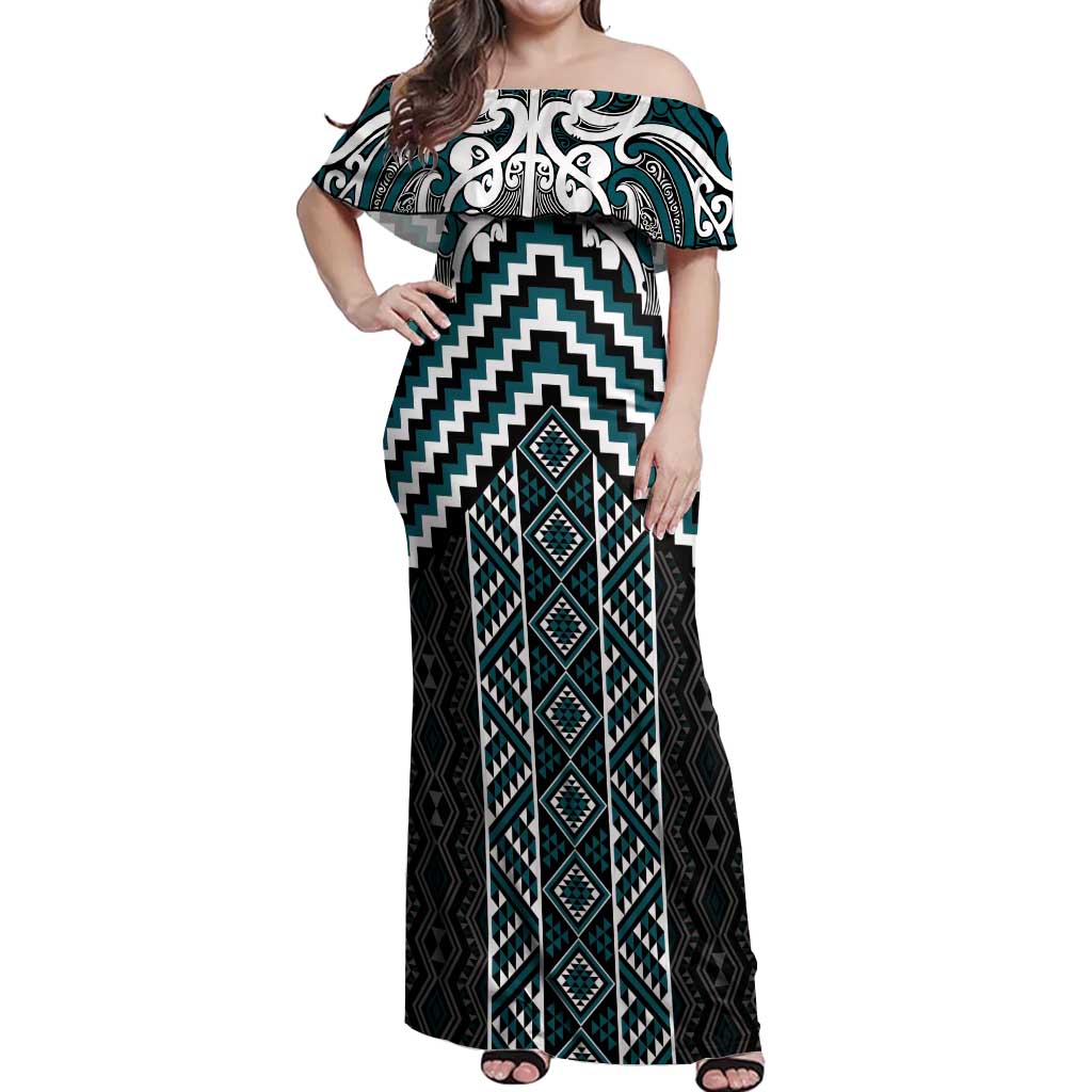 Maori Tukutuku Taniko Motifs Off Shoulder Maxi Dress Teal Poutama Mix Kowhaiwhai