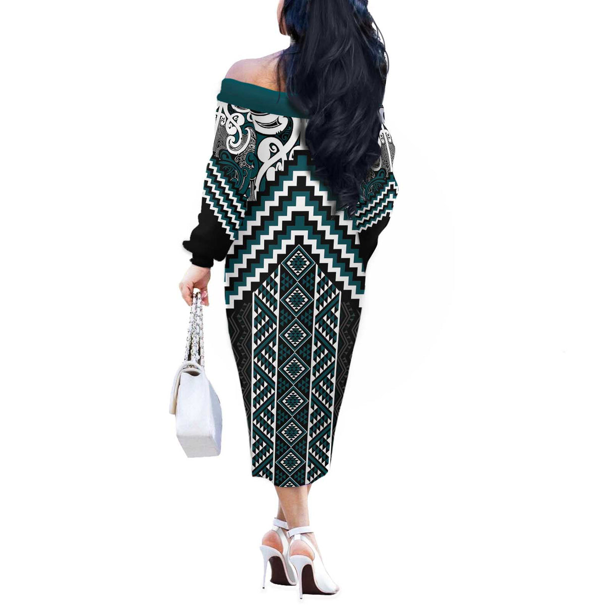 Maori Tukutuku Taniko Motifs Off The Shoulder Long Sleeve Dress Teal Poutama Mix Kowhaiwhai