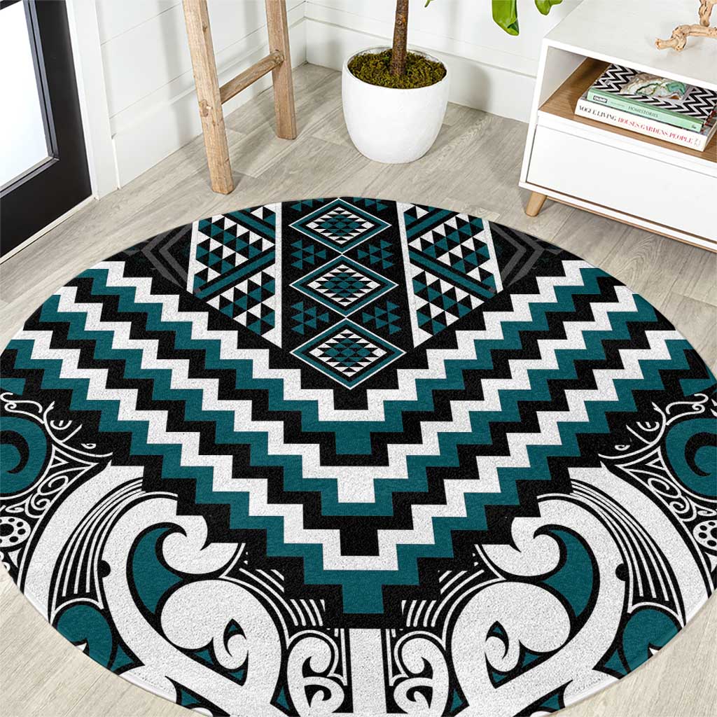 Maori Tukutuku Taniko Motifs Round Carpet Teal Poutama Mix Kowhaiwhai