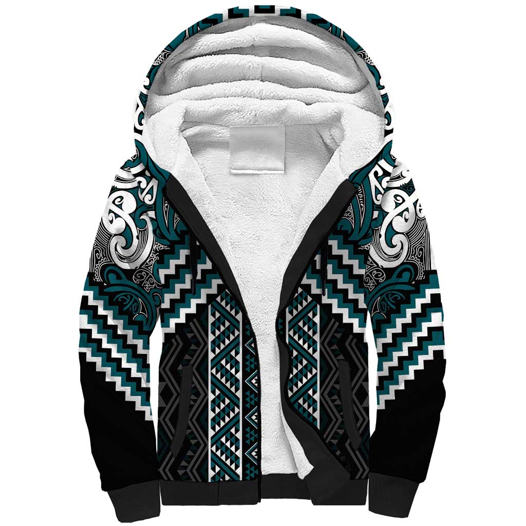 Maori Tukutuku Taniko Motifs Sherpa Hoodie Teal Poutama Mix Kowhaiwhai
