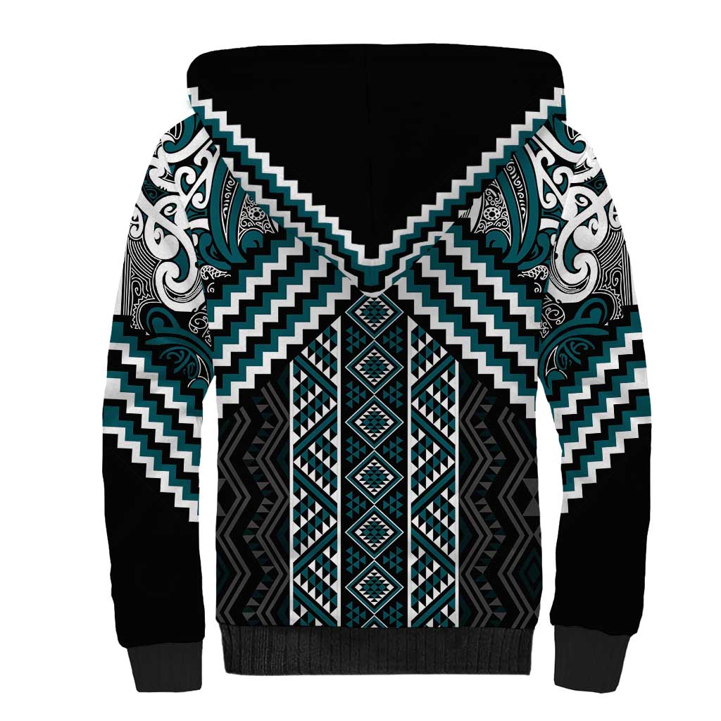 Maori Tukutuku Taniko Motifs Sherpa Hoodie Teal Poutama Mix Kowhaiwhai