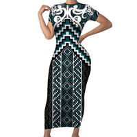 Maori Tukutuku Taniko Motifs Short Sleeve Bodycon Dress Teal Poutama Mix Kowhaiwhai