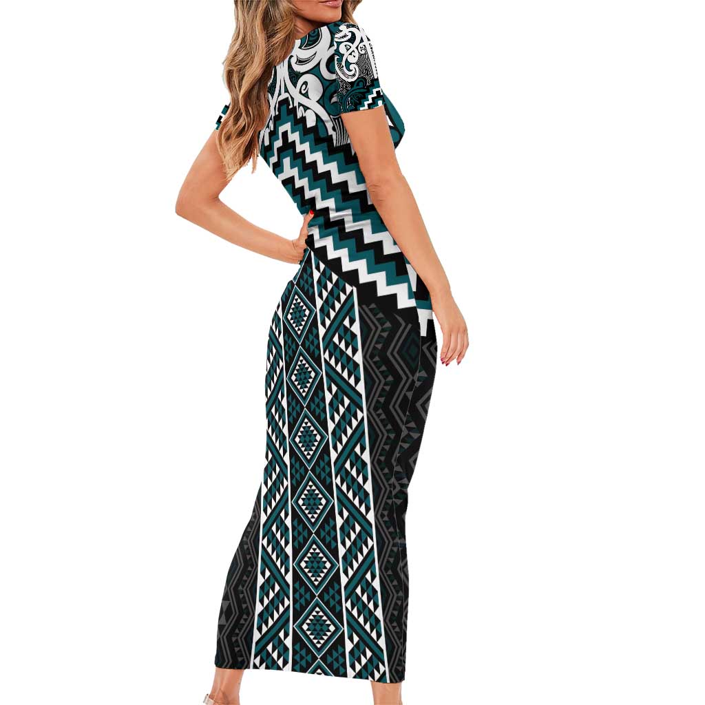Maori Tukutuku Taniko Motifs Short Sleeve Bodycon Dress Teal Poutama Mix Kowhaiwhai