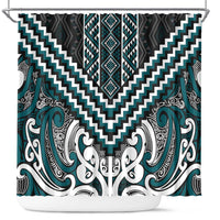Maori Tukutuku Taniko Motifs Shower Curtain Teal Poutama Mix Kowhaiwhai