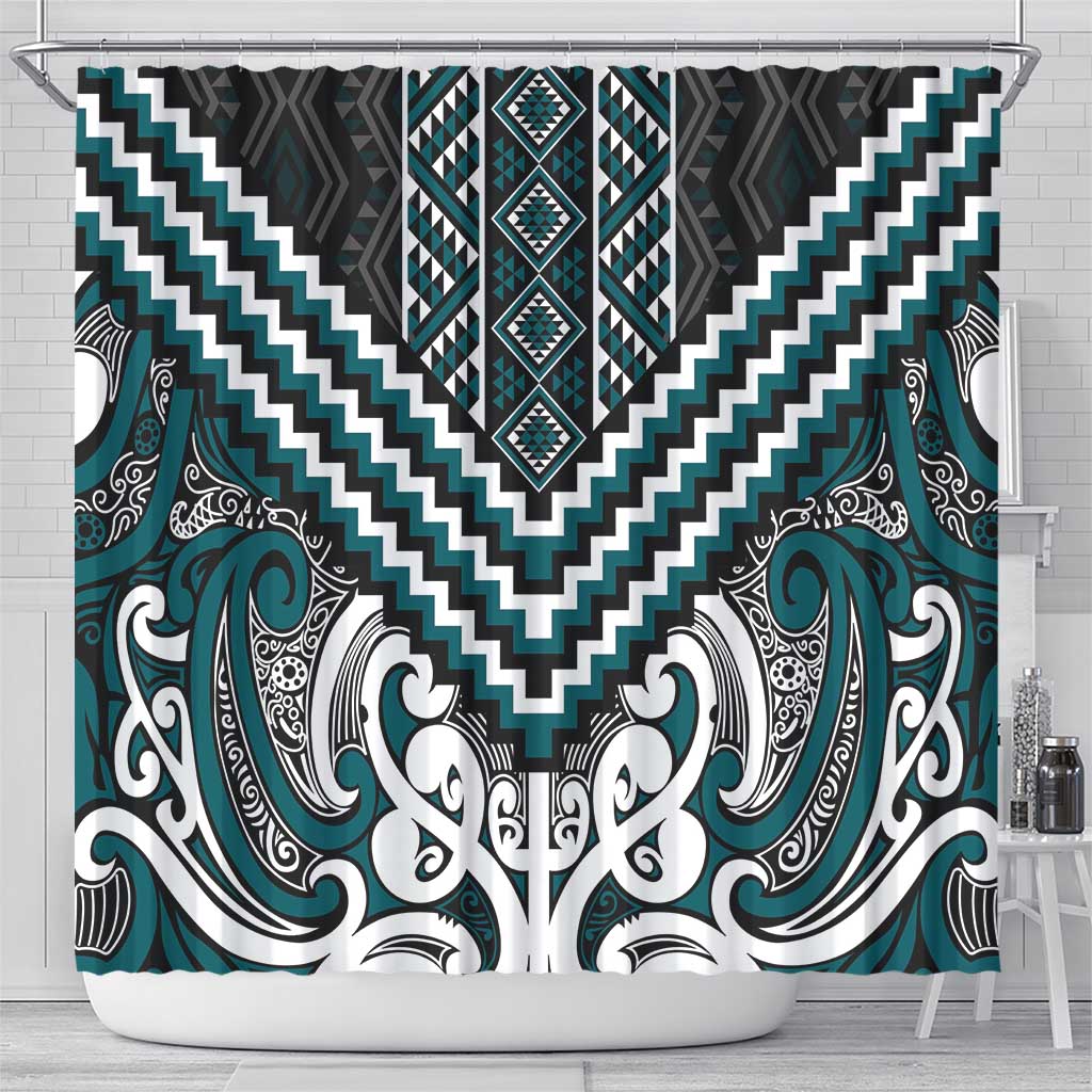 Maori Tukutuku Taniko Motifs Shower Curtain Teal Poutama Mix Kowhaiwhai