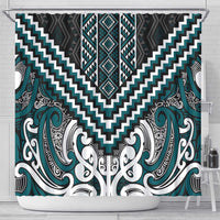 Maori Tukutuku Taniko Motifs Shower Curtain Teal Poutama Mix Kowhaiwhai