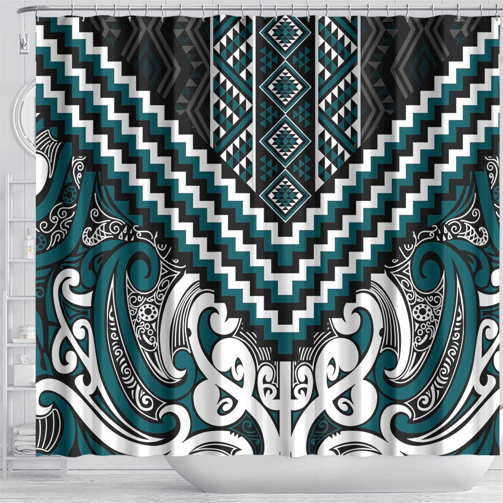 Maori Tukutuku Taniko Motifs Shower Curtain Teal Poutama Mix Kowhaiwhai