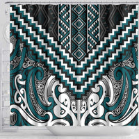 Maori Tukutuku Taniko Motifs Shower Curtain Teal Poutama Mix Kowhaiwhai
