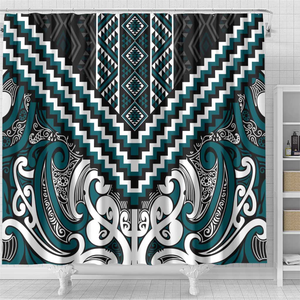 Maori Tukutuku Taniko Motifs Shower Curtain Teal Poutama Mix Kowhaiwhai