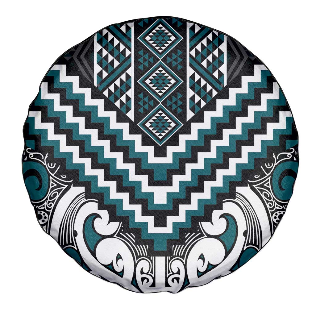 Maori Tukutuku Taniko Motifs Spare Tire Cover Teal Poutama Mix Kowhaiwhai