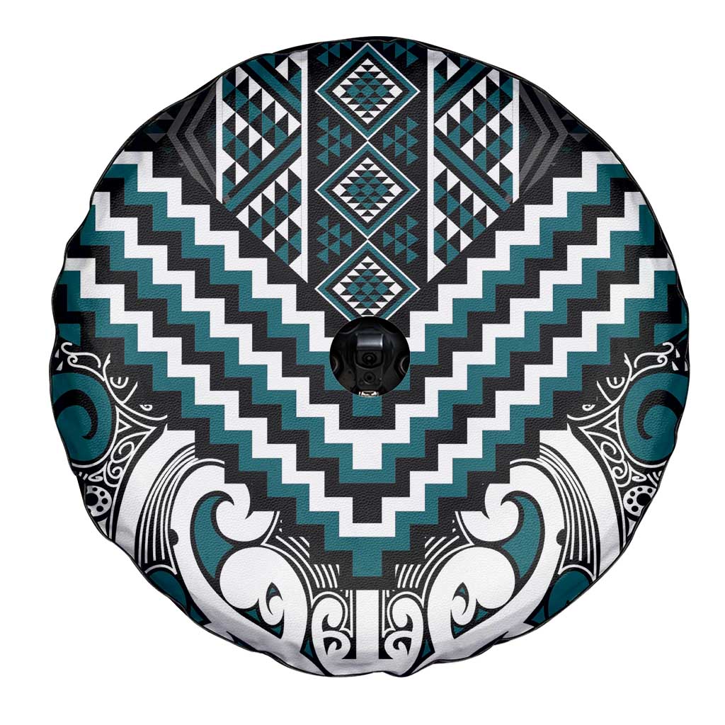 Maori Tukutuku Taniko Motifs Spare Tire Cover Teal Poutama Mix Kowhaiwhai