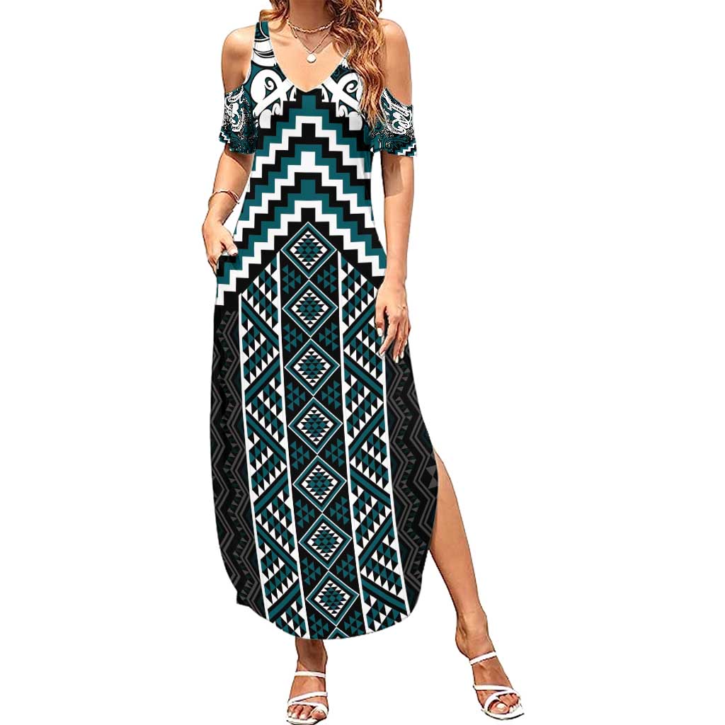 Maori Tukutuku Taniko Motifs Summer Maxi Dress Teal Poutama Mix Kowhaiwhai