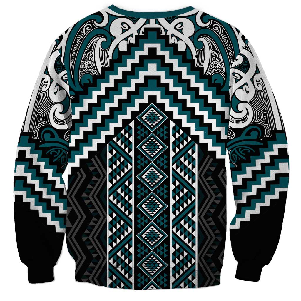 Maori Tukutuku Taniko Motifs Sweatshirt Teal Poutama Mix Kowhaiwhai