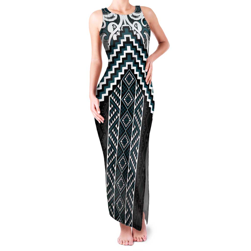 Maori Tukutuku Taniko Motifs Tank Maxi Dress Teal Poutama Mix Kowhaiwhai