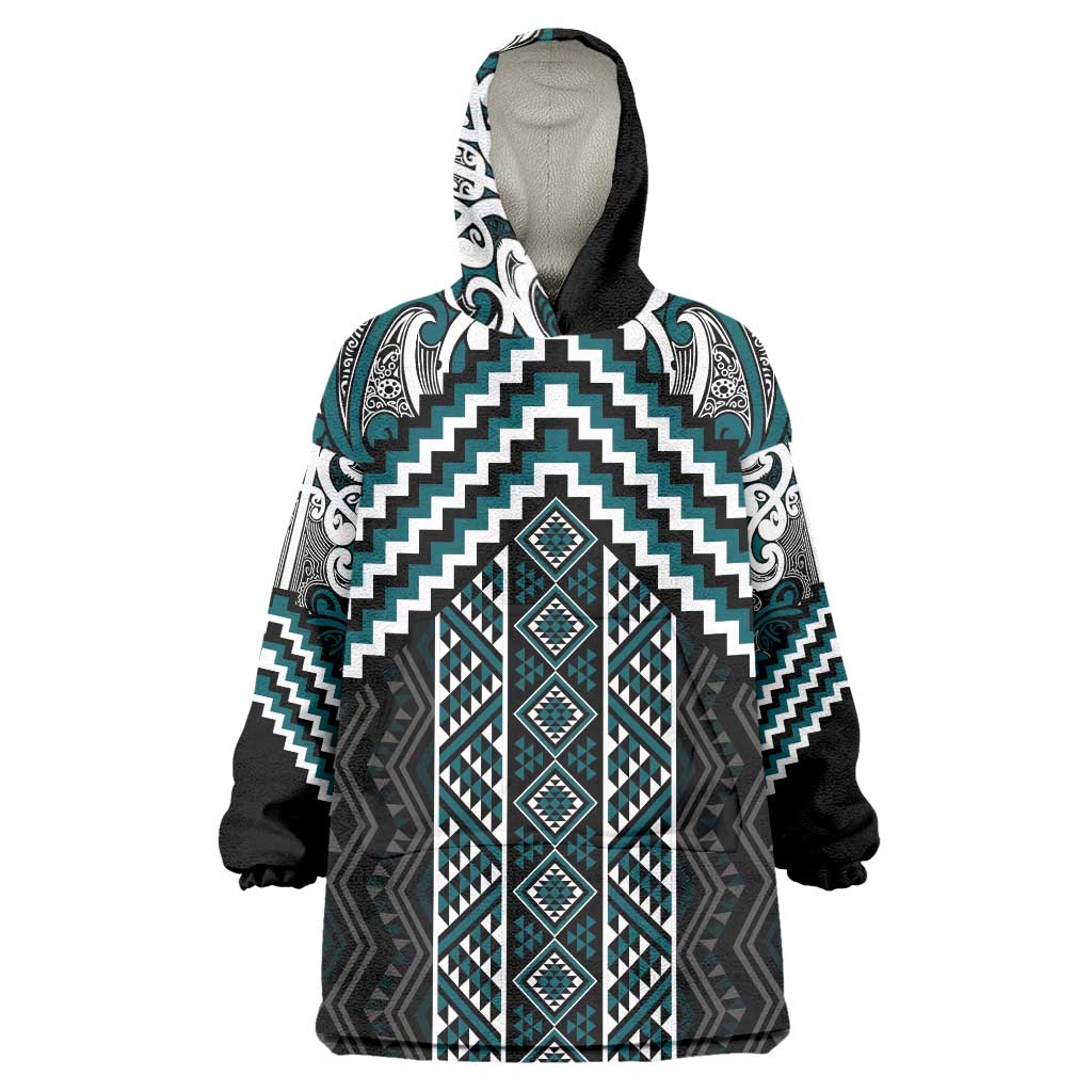 Maori Tukutuku Taniko Motifs Wearable Blanket Hoodie Teal Poutama Mix Kowhaiwhai