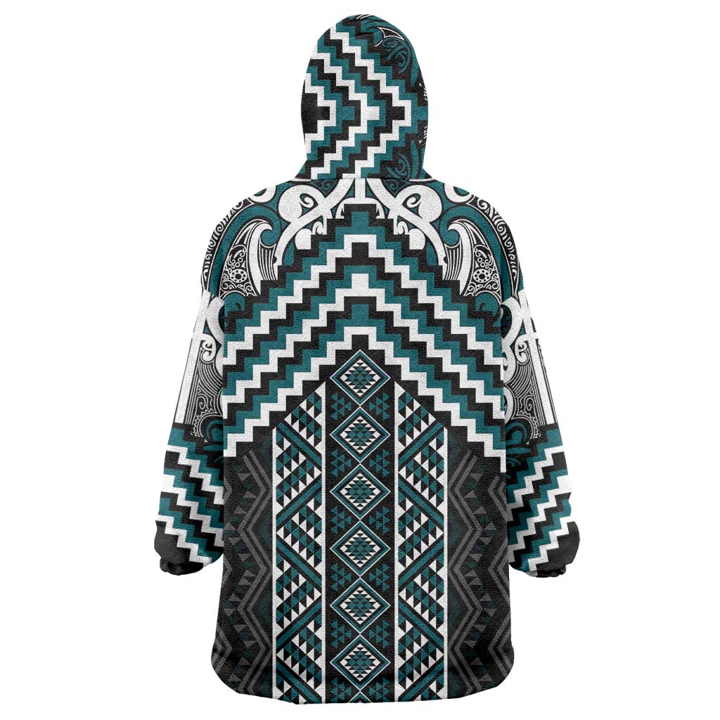 Maori Tukutuku Taniko Motifs Wearable Blanket Hoodie Teal Poutama Mix Kowhaiwhai