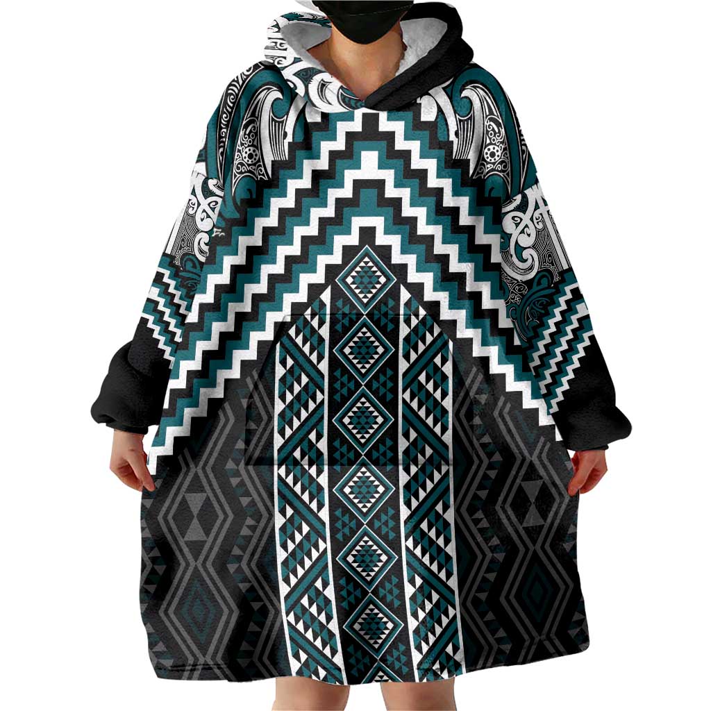 Maori Tukutuku Taniko Motifs Wearable Blanket Hoodie Teal Poutama Mix Kowhaiwhai