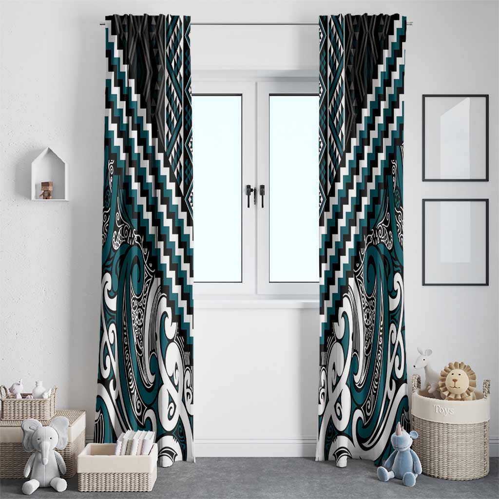 Maori Tukutuku Taniko Motifs Window Curtain Teal Poutama Mix Kowhaiwhai