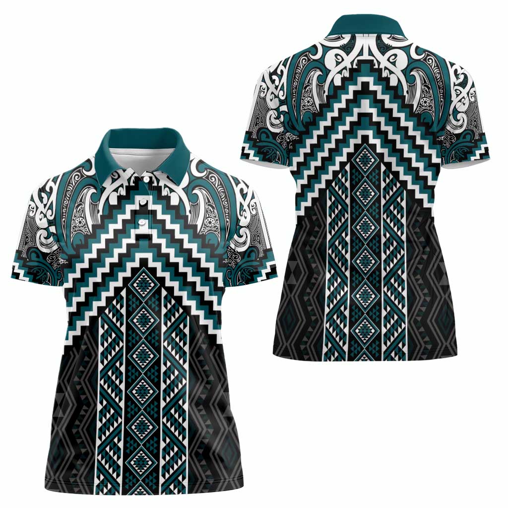 Maori Tukutuku Taniko Motifs Women Polo Shirt Teal Poutama Mix Kowhaiwhai