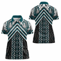 Maori Tukutuku Taniko Motifs Women Polo Shirt Teal Poutama Mix Kowhaiwhai