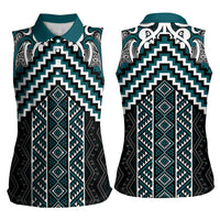 Maori Tukutuku Taniko Motifs Women Sleeveless Polo Shirt Teal Poutama Mix Kowhaiwhai