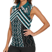 Maori Tukutuku Taniko Motifs Women Sleeveless Polo Shirt Teal Poutama Mix Kowhaiwhai