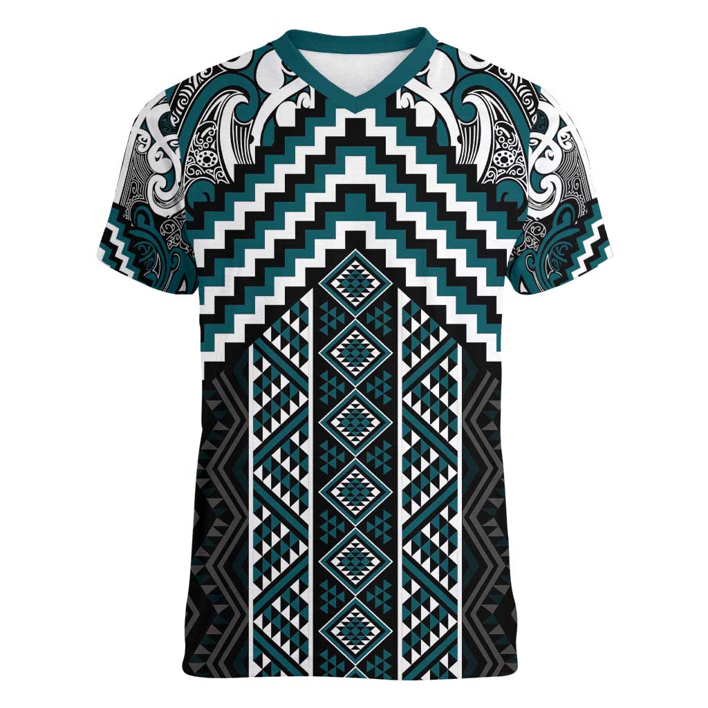 Maori Tukutuku Taniko Motifs Women V-Neck T-Shirt Teal Poutama Mix Kowhaiwhai LT7 Female Teal - Polynesian Pride