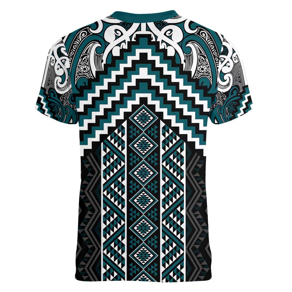 Maori Tukutuku Taniko Motifs Women V-Neck T-Shirt Teal Poutama Mix Kowhaiwhai LT7 - Polynesian Pride