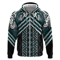 Maori Tukutuku Taniko Motifs Zip Hoodie Teal Poutama Mix Kowhaiwhai LT7 Zip Hoodie Teal - Polynesian Pride