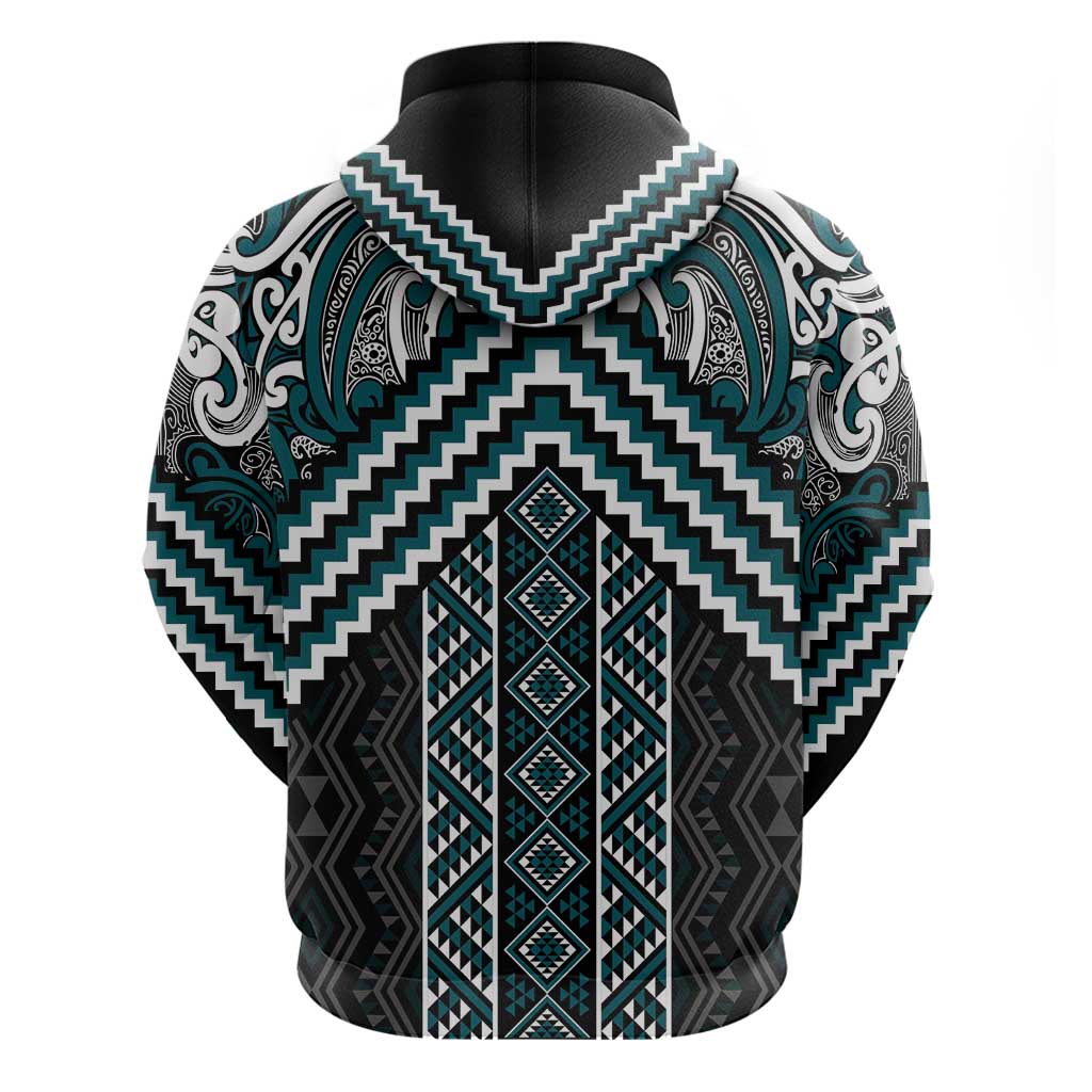 Maori Tukutuku Taniko Motifs Zip Hoodie Teal Poutama Mix Kowhaiwhai LT7 - Polynesian Pride