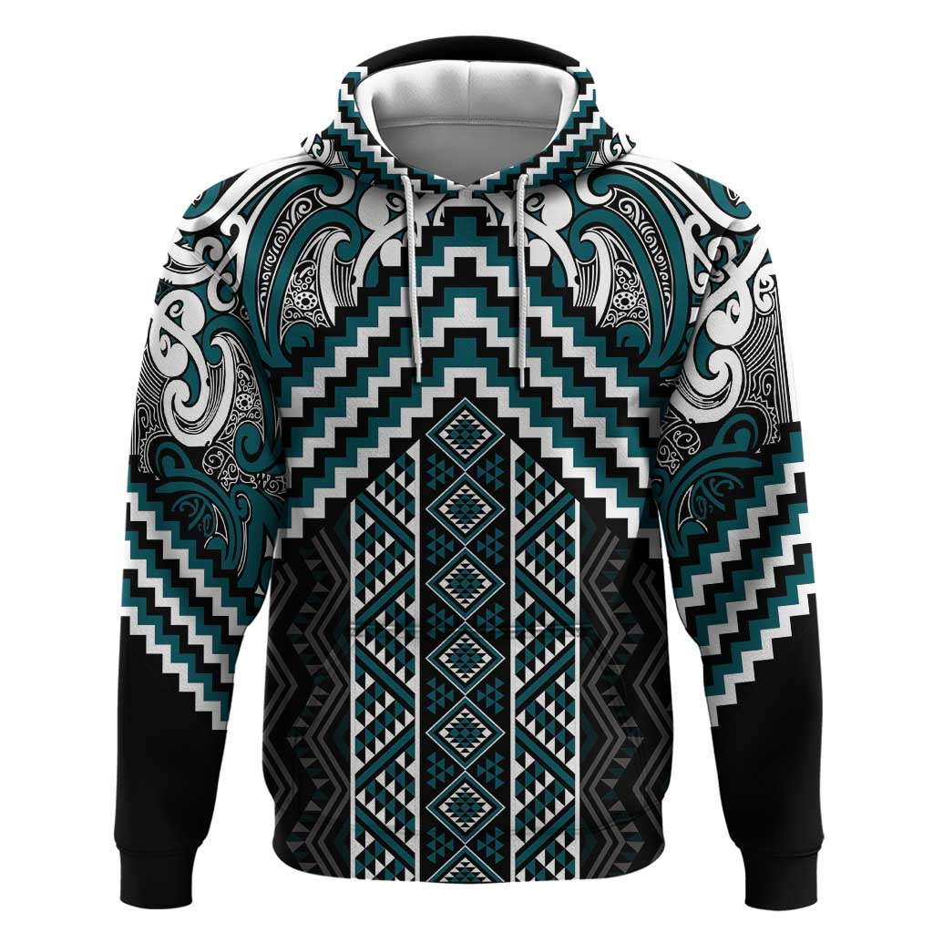 Maori Tukutuku Taniko Motifs Zip Hoodie Teal Poutama Mix Kowhaiwhai LT7 Pullover Hoodie Teal - Polynesian Pride