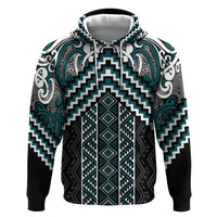 Maori Tukutuku Taniko Motifs Zip Hoodie Teal Poutama Mix Kowhaiwhai LT7 Pullover Hoodie Teal - Polynesian Pride