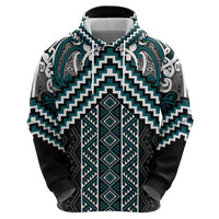 Maori Tukutuku Taniko Motifs Zip Hoodie Teal Poutama Mix Kowhaiwhai LT7 - Polynesian Pride