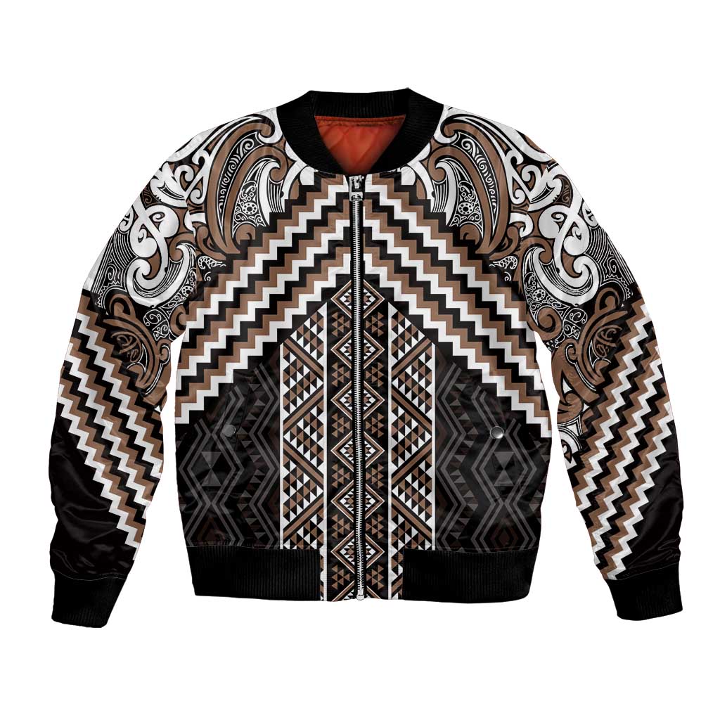 Maori Tukutuku Taniko Motifs Bomber Jacket Brown Poutama Mix Kowhaiwhai LT7 Unisex Brown - Polynesian Pride