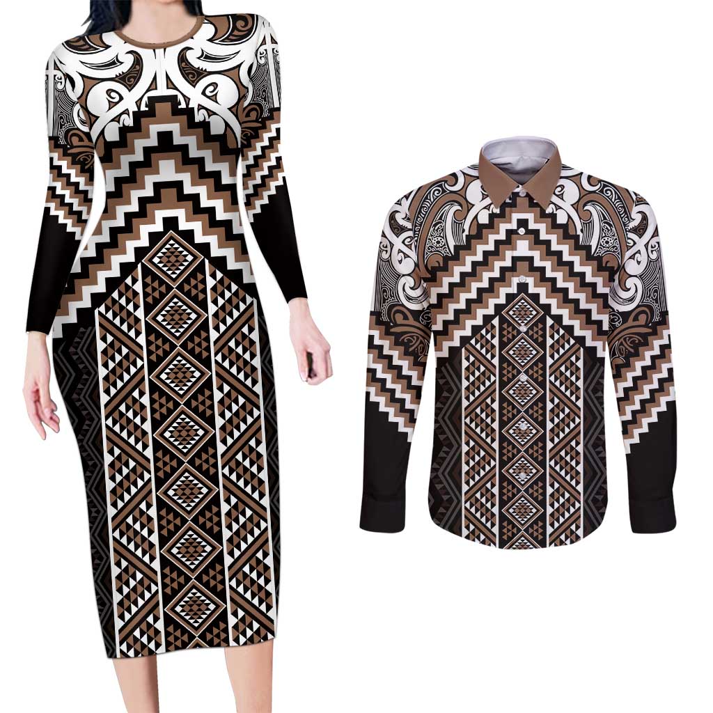 Maori Tukutuku Taniko Motifs Couples Matching Long Sleeve Bodycon Dress and Long Sleeve Button Shirt Brown Poutama Mix Kowhaiwhai
