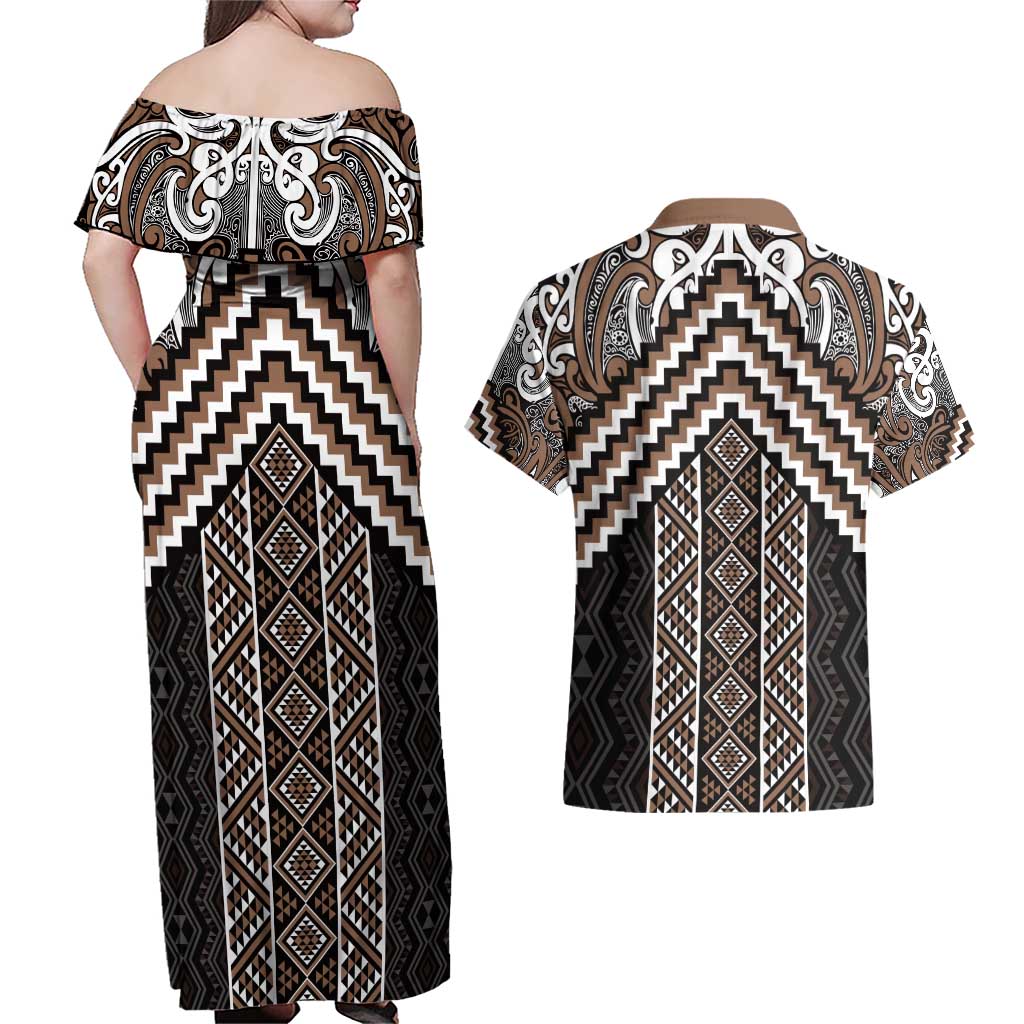 Maori Tukutuku Taniko Motifs Couples Matching Off Shoulder Maxi Dress and Hawaiian Shirt Brown Poutama Mix Kowhaiwhai