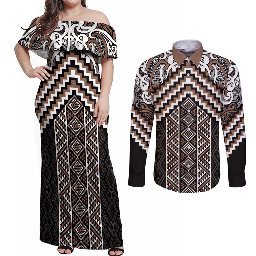 Maori Tukutuku Taniko Motifs Couples Matching Off Shoulder Maxi Dress and Long Sleeve Button Shirt Brown Poutama Mix Kowhaiwhai LT7 Brown - Polynesian Pride