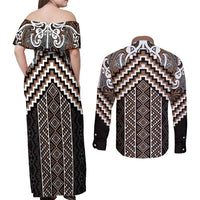 Maori Tukutuku Taniko Motifs Couples Matching Off Shoulder Maxi Dress and Long Sleeve Button Shirt Brown Poutama Mix Kowhaiwhai LT7 - Polynesian Pride