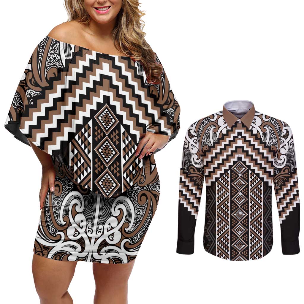 Maori Tukutuku Taniko Motifs Couples Matching Off Shoulder Short Dress and Long Sleeve Button Shirt Brown Poutama Mix Kowhaiwhai LT7 Brown - Polynesian Pride