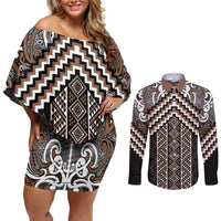 Maori Tukutuku Taniko Motifs Couples Matching Off Shoulder Short Dress and Long Sleeve Button Shirt Brown Poutama Mix Kowhaiwhai LT7 Brown - Polynesian Pride
