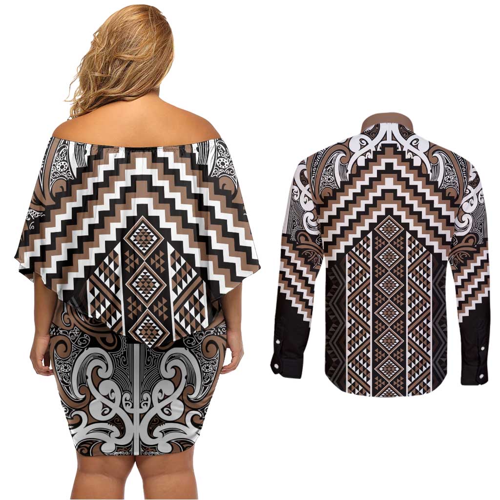 Maori Tukutuku Taniko Motifs Couples Matching Off Shoulder Short Dress and Long Sleeve Button Shirt Brown Poutama Mix Kowhaiwhai LT7 - Polynesian Pride