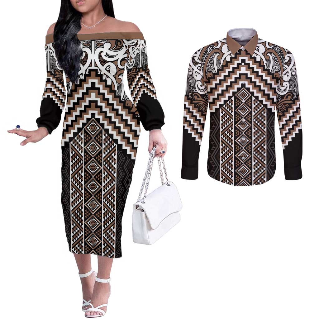 Maori Tukutuku Taniko Motifs Couples Matching Off The Shoulder Long Sleeve Dress and Long Sleeve Button Shirt Brown Poutama Mix Kowhaiwhai LT7 Brown - Polynesian Pride