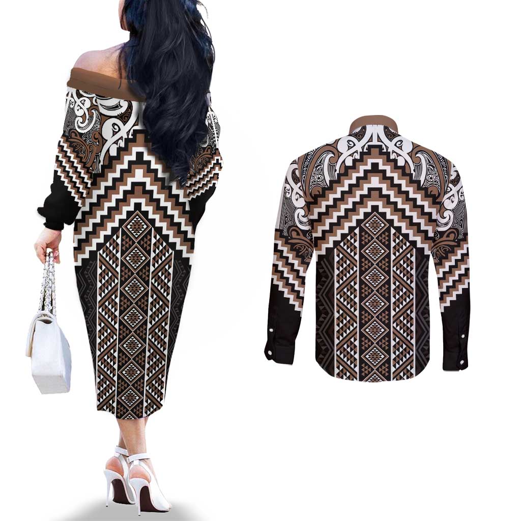 Maori Tukutuku Taniko Motifs Couples Matching Off The Shoulder Long Sleeve Dress and Long Sleeve Button Shirt Brown Poutama Mix Kowhaiwhai LT7 - Polynesian Pride