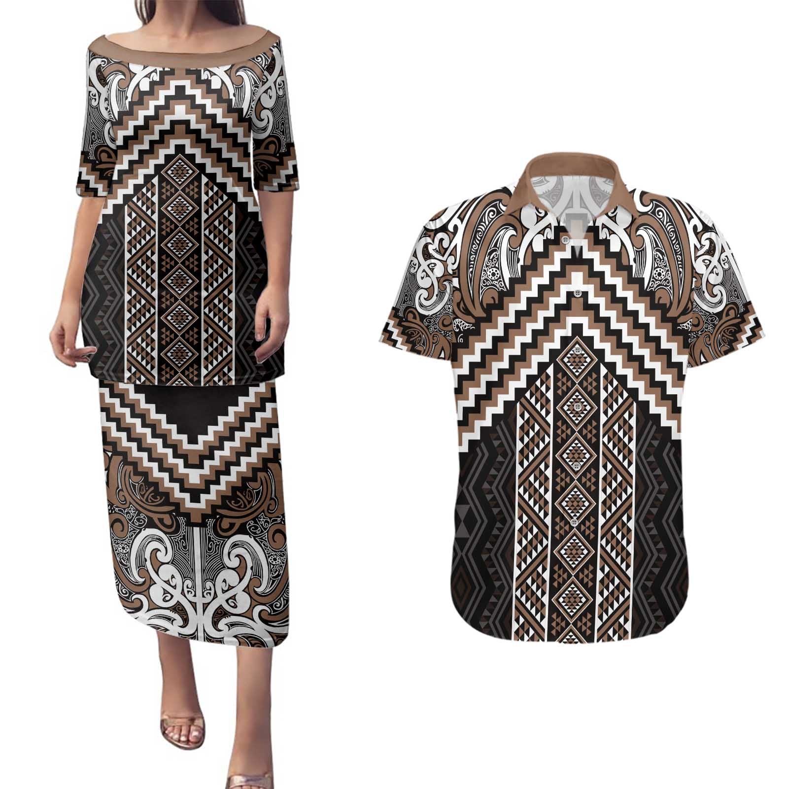 Maori Tukutuku Taniko Motifs Couples Matching Puletasi and Hawaiian Shirt Brown Poutama Mix Kowhaiwhai